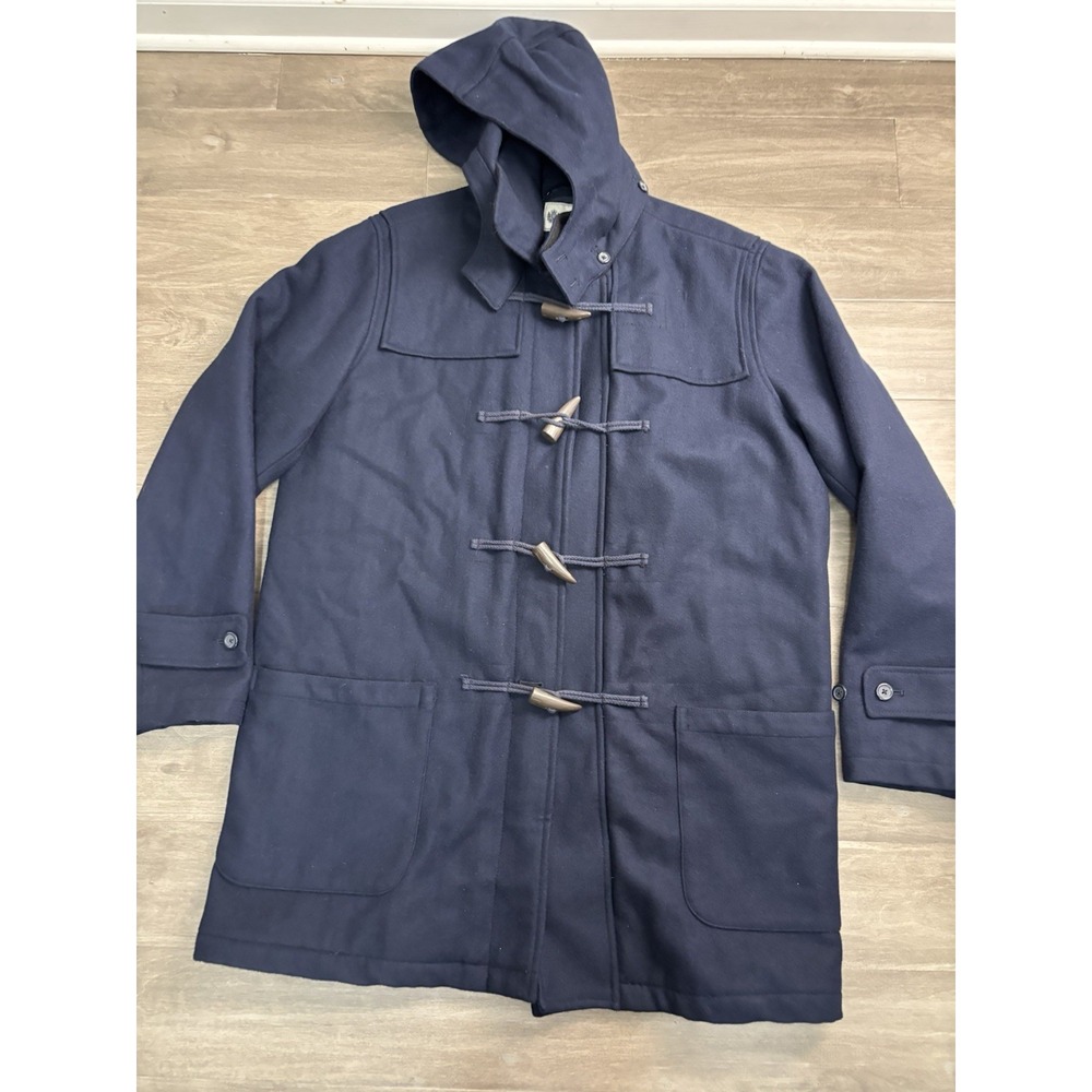 J.Crew  Hooded Navy Blue Wool Blend Toggle Duffle Over Coat Jacket Men's Large